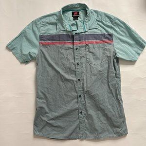 Quiksilver Mens sz L Button Front Aqua Salmon Gray White Stripe S/S Modern Shirt